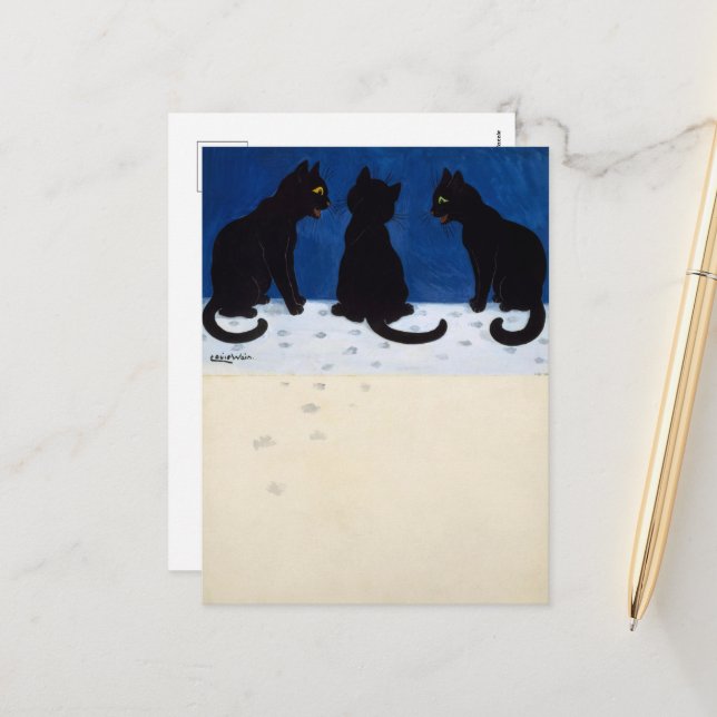 Three Black Cats in the Snow by Louis Wain Holiday Postcard (Front/Back In Situ)