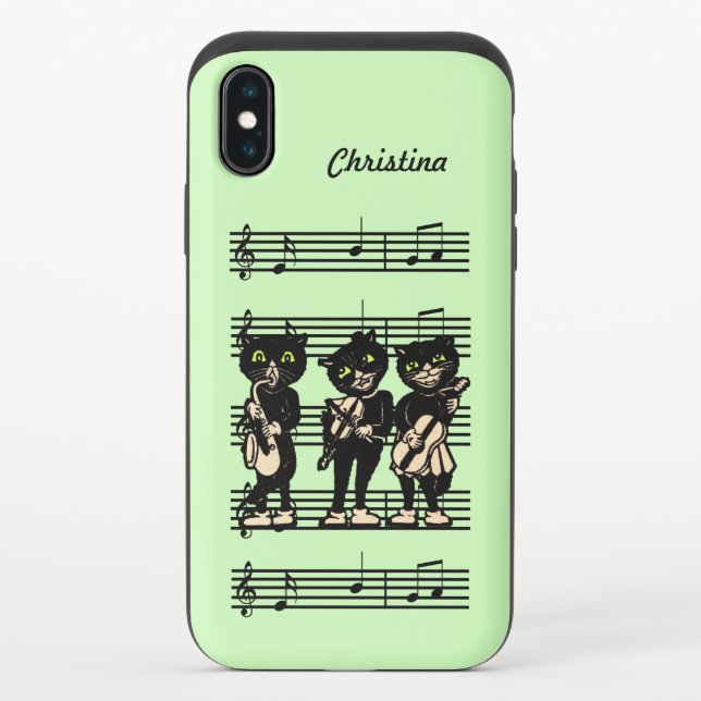 Three Black Cats Playing Musical Instruments Notes Uncommon iPhone Case (Back)