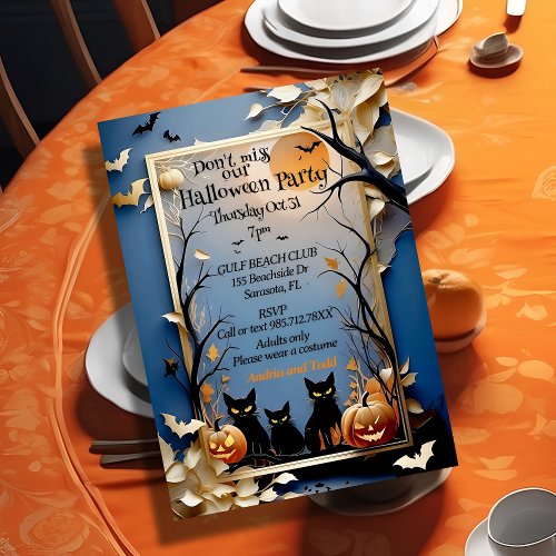 Three black cats spooky whimsical Halloween Invitation