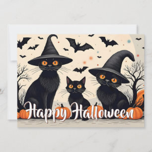 Three Black Cats with Hats on Halloween