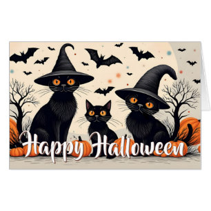 Three Black Cats with Hats on Halloween Card
