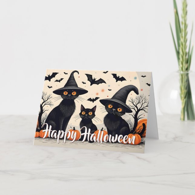 Three Black Cats with Hats on Halloween Card (Front)