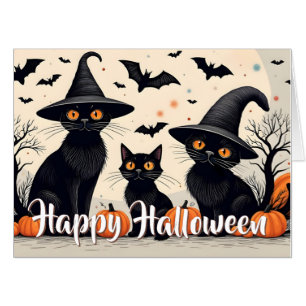 Three Black Cats with Hats on Halloween Card