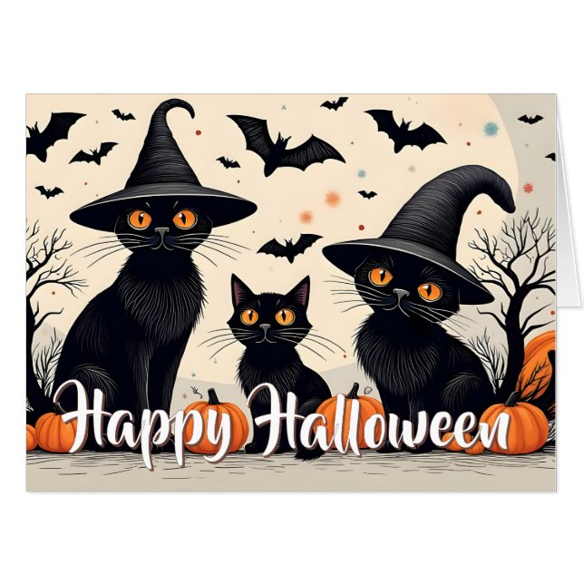Three Black Cats with Hats on Halloween Card (Front Horizontal)