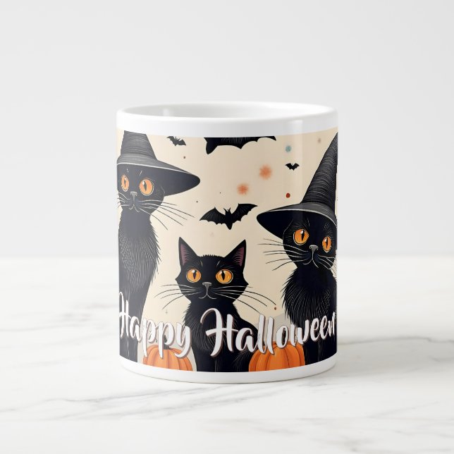 Three Black Cats with Hats on Halloween Giant Coffee Mug (Front)