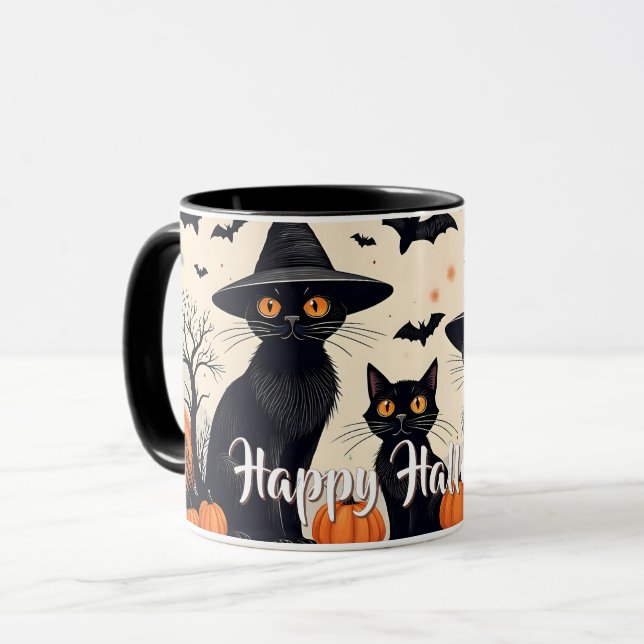 Three Black Cats with Hats on Halloween Mug (Front Left)