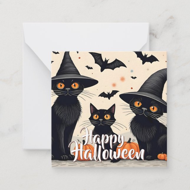 Three Black Cats with Hats on Halloween Note Card (Front)
