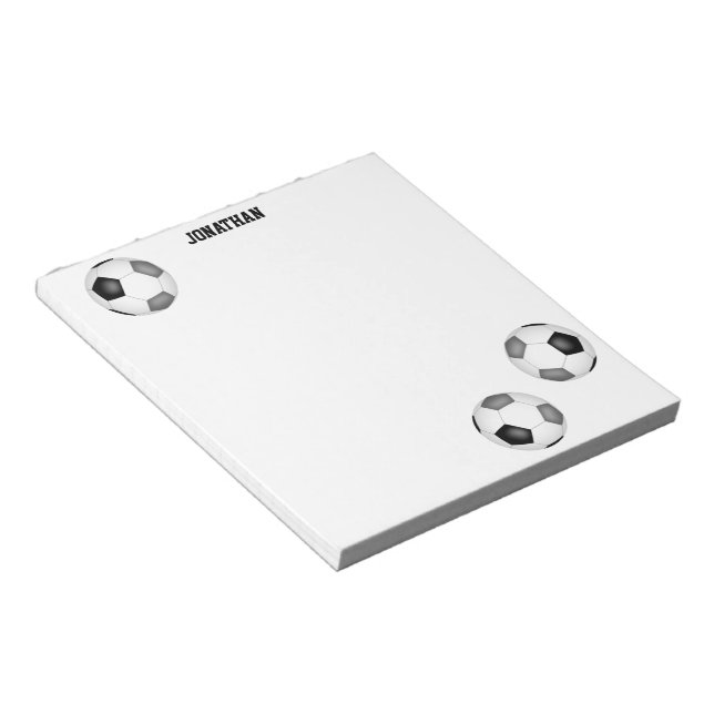 three black gray soccer balls personalized notepad (Angled)