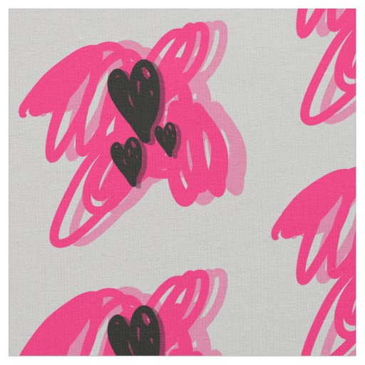 Three black hearts- pink abstract gray background fabric