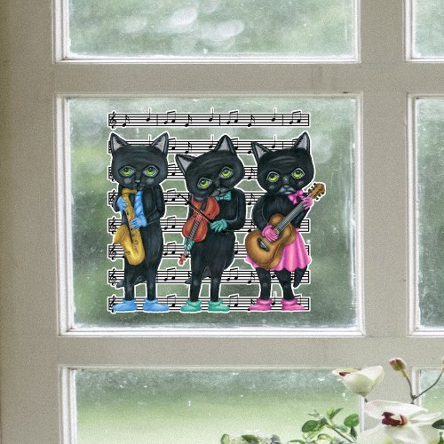 Three Black Musical Cats Instruments Sheet Music Window Cling