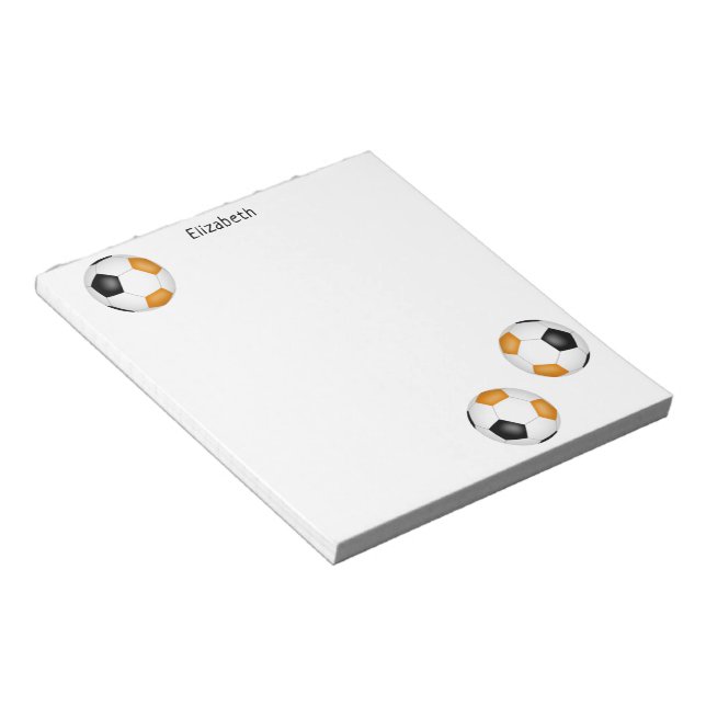 three black orange soccer balls personalized notepad (Angled)