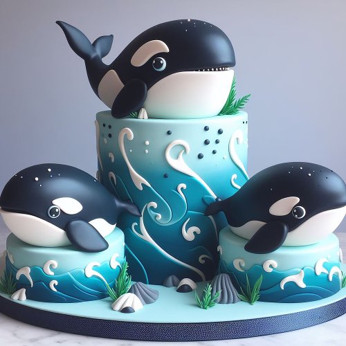 THREE BLACK  WHITE ORCA WHALE BIRTHDAY CAKE CARD