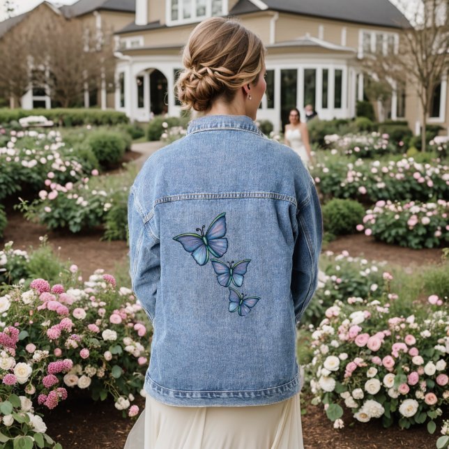 Three Blue Butterflies by Molly Harrison Denim Jacket (Wedding Back)