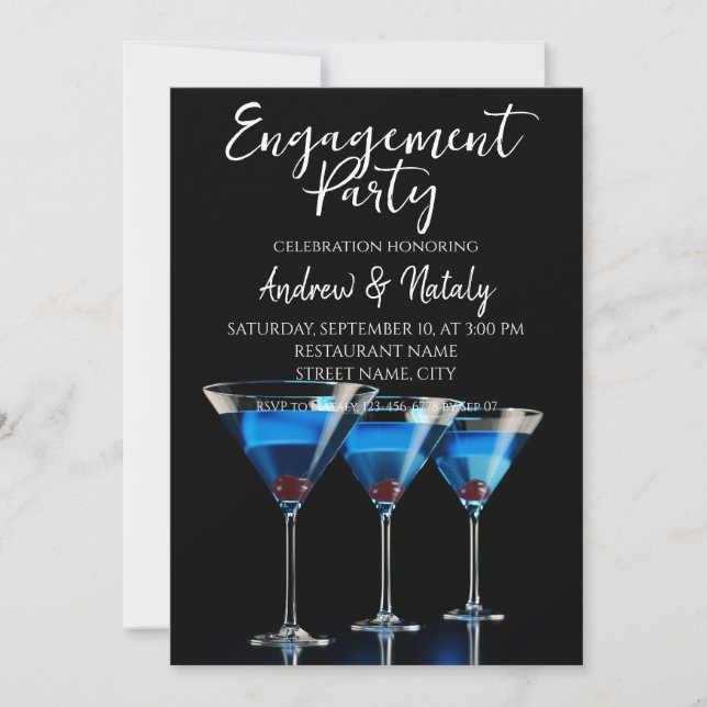 Three blue cocktails with cherry on black invitation (Front)