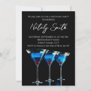 Three blue cocktails with cherry on black invitation