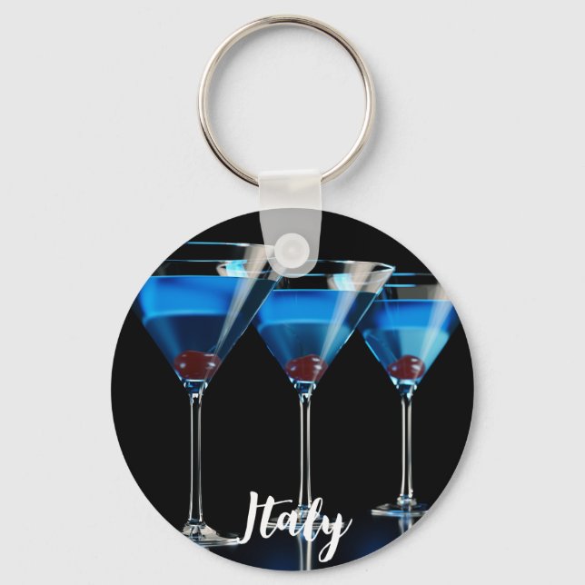 Three blue cocktails with cherry on black keychain (Front)