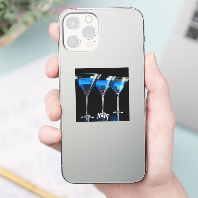 Three blue cocktails with cherry on black sticker (Phone)