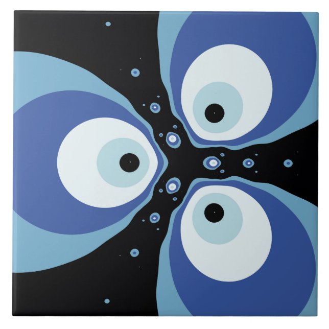 Three Blue Fish Talking Modern Fractal Art Ceramic Tile (Front)