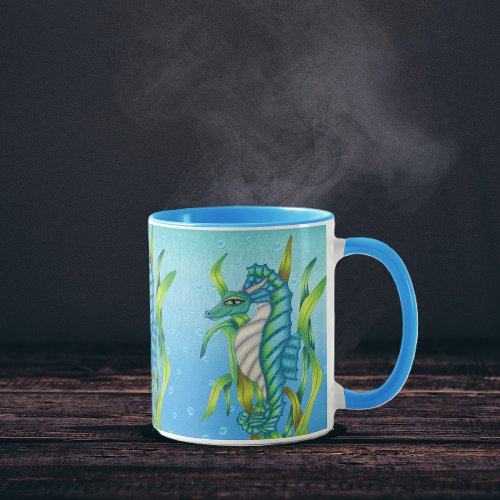 Three Blue Green Seahorse Dragons Seaweed Water Mug