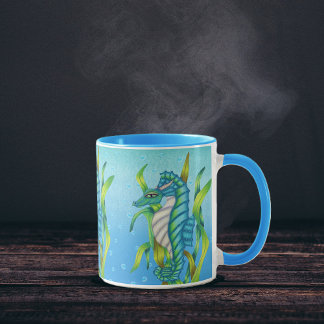 Three Blue Green Seahorse Dragons Seaweed Water Mug