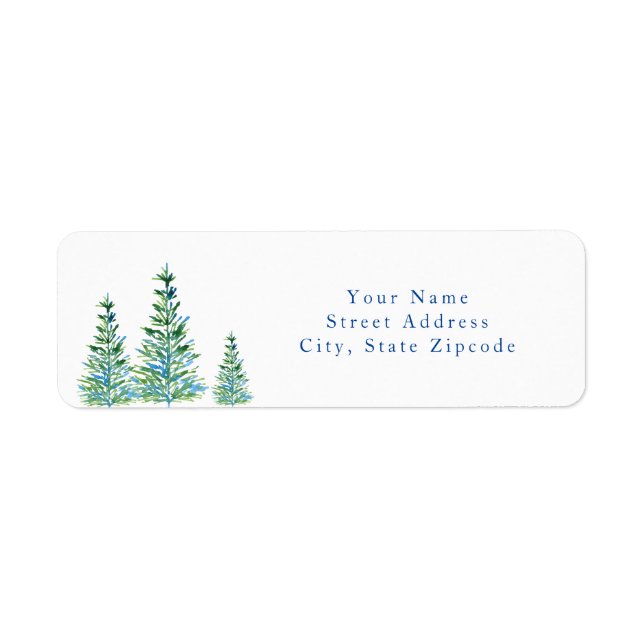 Three Blue Green Watercolor Pine Trees Label (Front)