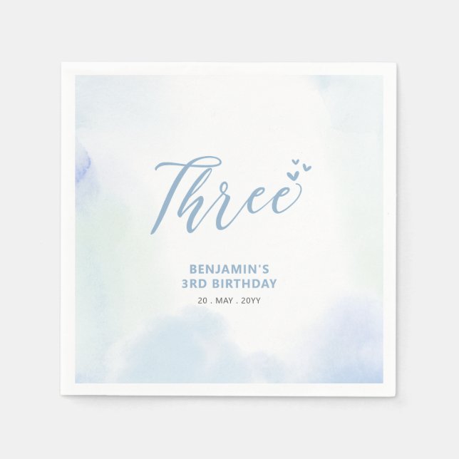 Three | Blue Hearts & Watercolor Boy 3rd Birthday Napkins (Front)
