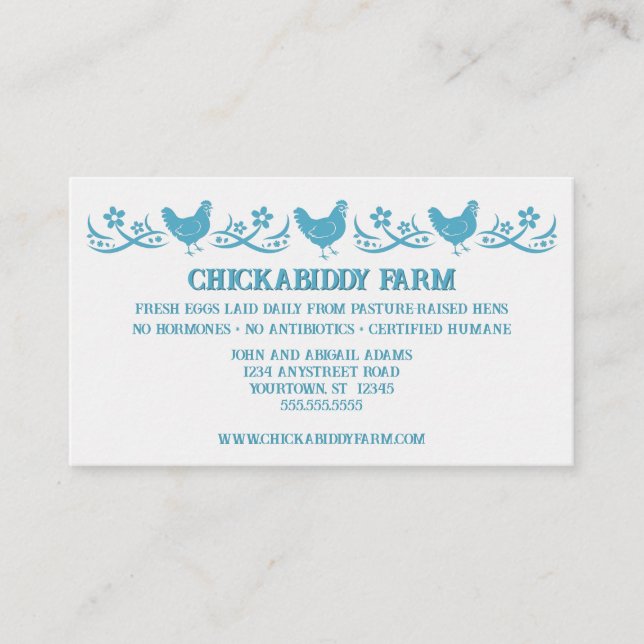 Three Blue Hens Egg Farm Farmer Country Store Business Card (Front)