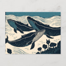 Three Blue Whales Modern Art Linocut Inspired Postcard