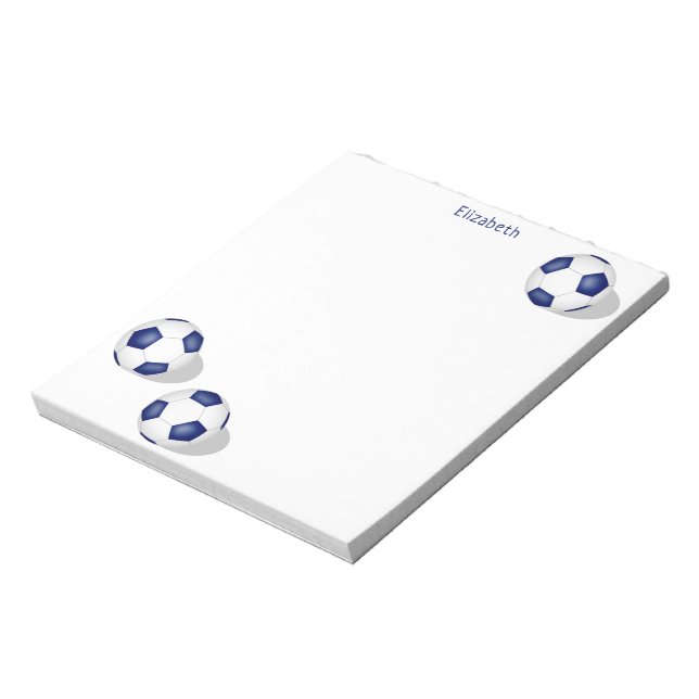 three blue white soccer balls personalized notepad (Rotated)