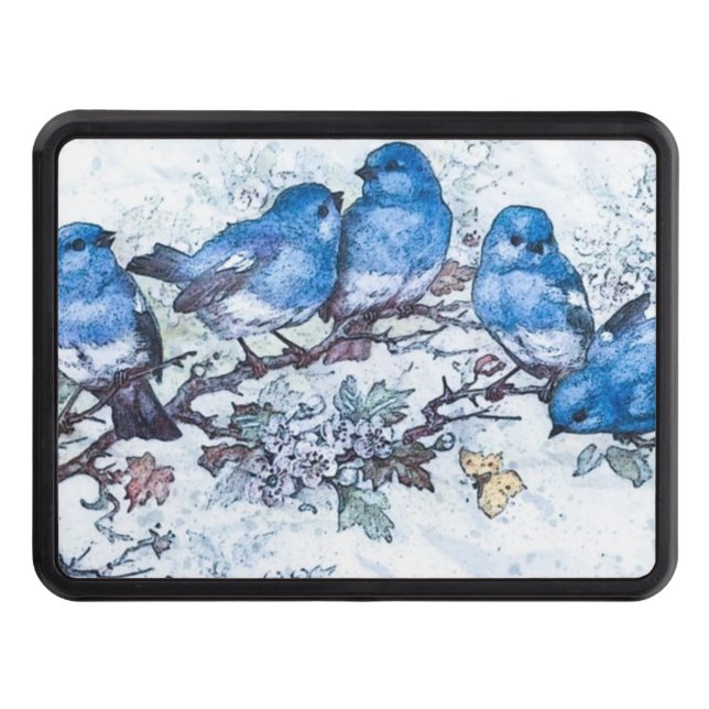 Three Bluebirds Perched On Cherry Blossom Hitch Cover (Front)