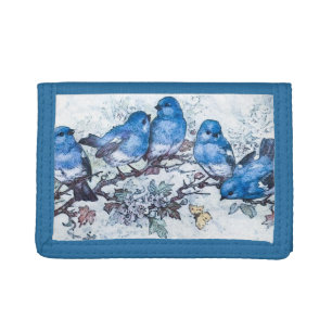 Three Bluebirds Perched On Cherry Blossom Trifold Wallet