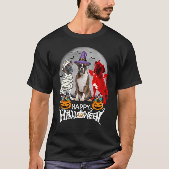 Three Boxer Dog Brindle Boxer Mummy Witch Demon Ha T-Shirt (Front)