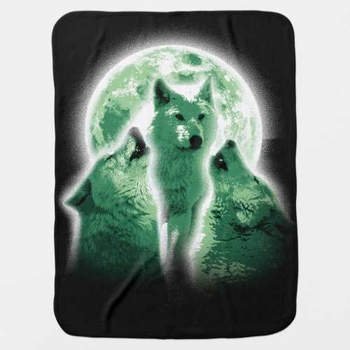 three bright green_howling wolves with moon baby blanket