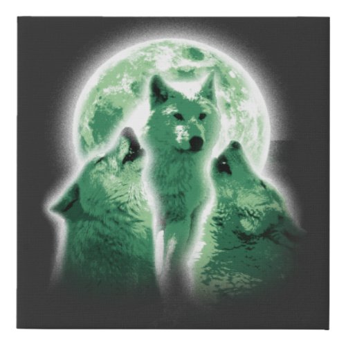 three bright green_howling wolves with moon faux canvas print