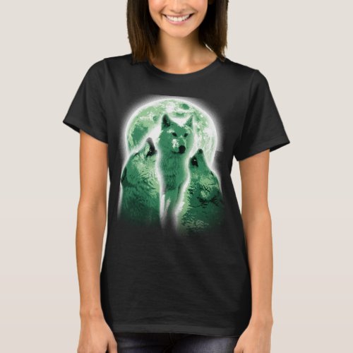 three bright green_howling wolves with moon T_Shirt