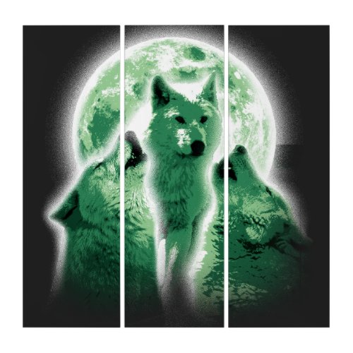 three bright green_howling wolves with moon triptych
