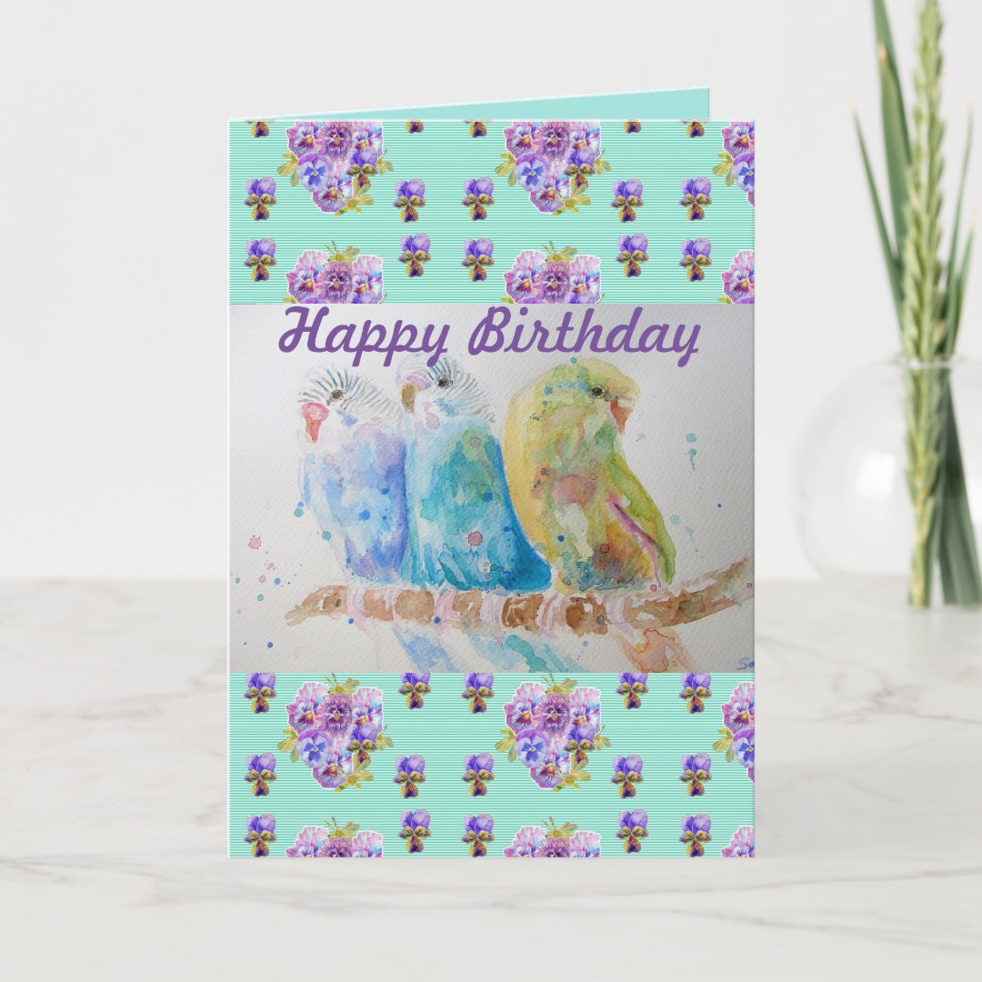 Three Budgies Aqua Budgie Watercolour Art Card Zazzle