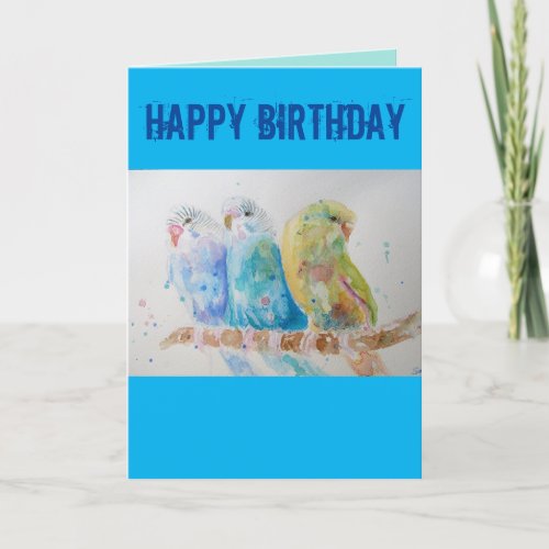 Three Budgies Sitting Blue Budgie Watercolour Card