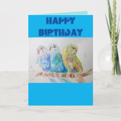 Three Budgies Sitting Blue Budgie Watercolour Card