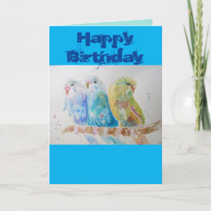 Three Budgies Sitting Blue Budgie Watercolour Card