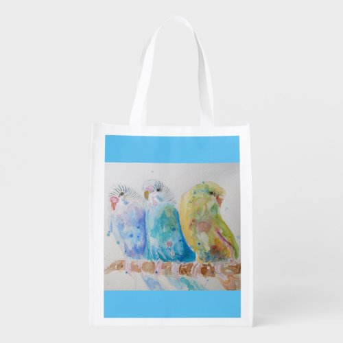 Three Budgies Sitting Watercolour blue Backpack Grocery Bag