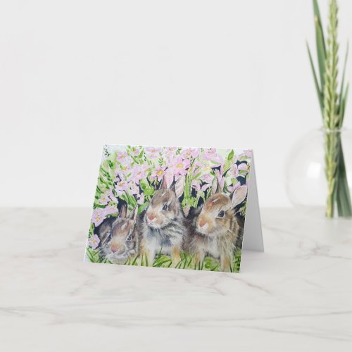 Three bunnies easter card hand painted fine art