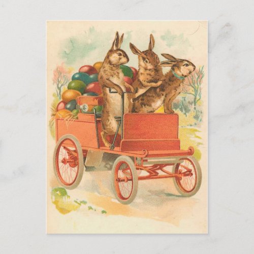 Three Bunnies With Eggs Vintage Easter Holiday Postcard