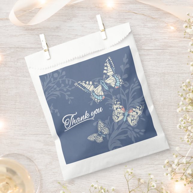 Three butterflies drawing blue thank you wedding favor bag (Clipped)