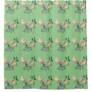 Three butterflies enjoying flowers shower curtain