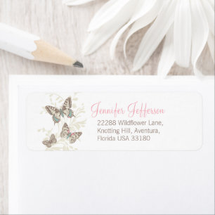 Three butterflies inked art pink wedding label