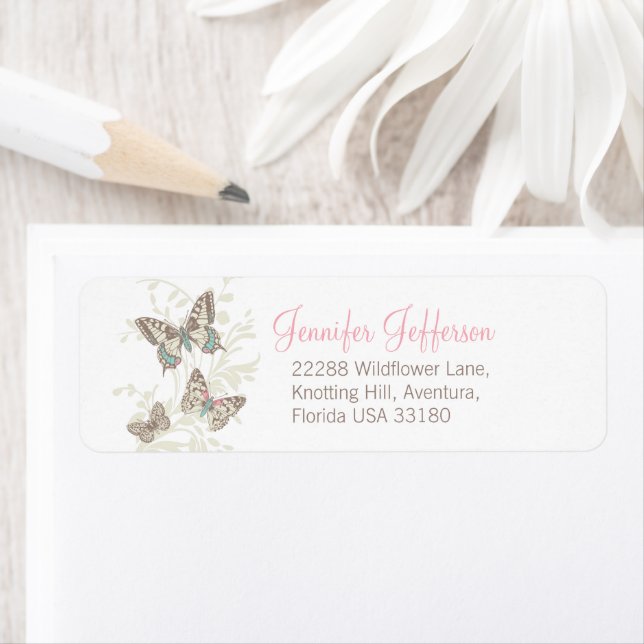 Three butterflies inked art pink wedding label (Insitu)