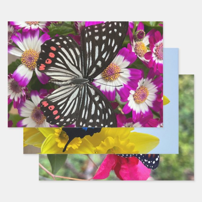 Three butterflies on pretty flowers wrapping paper sheets (Set)