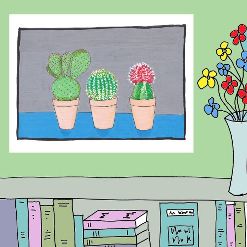 Three cacti in pots cute naive art poster
