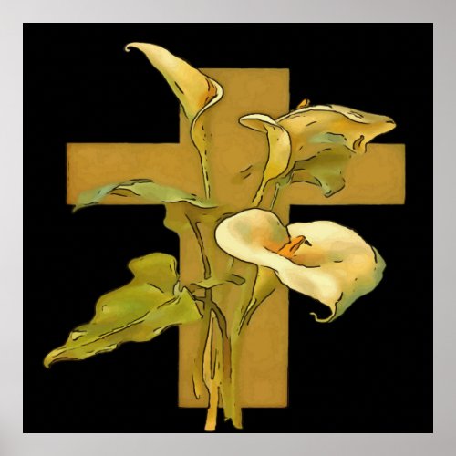 Three Calla Lilies And Christian Cross Black  Poster